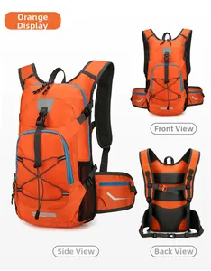 Three-view layout of orange hydration backpack showing elastic ropes and breathable mesh back