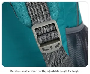 Detail of sturdy adjustable shoulder strap buckle on light blue outdoor sports backpack