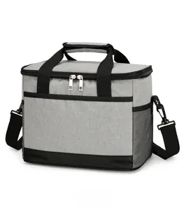 Sac isotherme gris en tissu Oxford avec double zip, poche filet et bandoulière