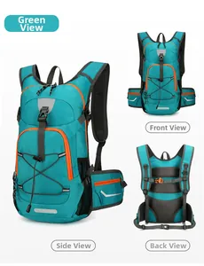 Detailed views of turquoise outdoor sports backpack with breathable mesh and reflective strips
