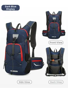 Detail view of dark blue outdoor backpack featuring breathable mesh back and safety whistle