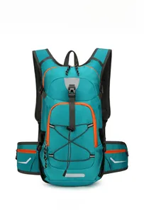 Front view of lightweight nylon outdoor sports backpack with orange trim and reflective logo