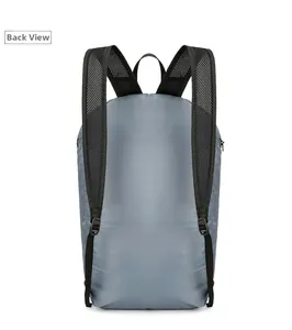 Back view of foldable grey outdoor backpack featuring breathable mesh shoulder straps