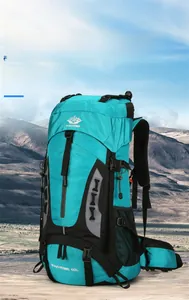 Detailed view of 60L turquoise hiking backpack featuring water-resistant nylon material
