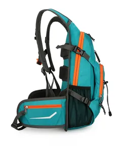 Detail of turquoise nylon hiking backpack showing side mesh pocket and buckled straps