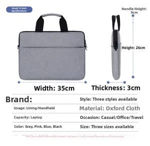 Size chart for 13-inch laptop sleeve showing dimensions 35x26x3cm and oxford fabric details