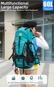 Detailed view of a 60L outdoor hiking backpack with waterproof fabric in teal and black