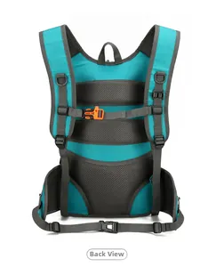 Detail view of breathable mesh back panel and gray straps on the blue outdoor backpack