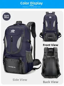 Vues avant, latérale et arrière d'un sac à dos de randonnée étanche 60L en bleu foncé