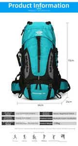 Detailed view of 60L outdoor backpack dimensions 34x70x25cm with water resistant fabric