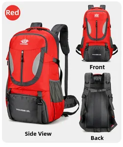 Vues avant, arrière et latérale d'un sac à dos de sport rouge 60L pour randonnée