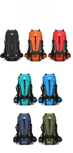 Matrix display showing 60L outdoor hiking backpacks in seven vibrant colors and durable nylon