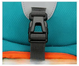 Detail of durable plastic buckle and nylon webbing on a ripstop outdoor backpack