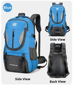 Vues détaillées d'un sac à dos de randonnée bleu 60L avec rembourrage et sangles