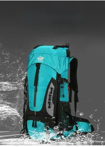 Waterproof detail of 60L blue hiking backpack showing splash resistant fabric