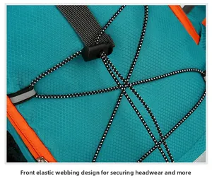 Detail of teal nylon outdoor backpack featuring front bungee cord system with orange zippers