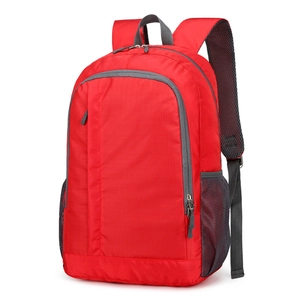 Outdoor lightweight red sports backpack with gray mesh straps and side pockets on white back
