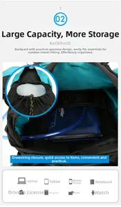Detail view of large capacity outdoor backpack showing internal water bladder and laptop compartment