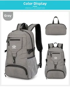 Détail du sac à dos de randonnée gris avec bretelles en maille et pochette de rangement assortie
