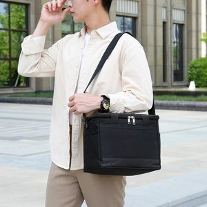 Sac à lunch isotherme en tissu Oxford noir avec bandoulière réglable pour pique-nique