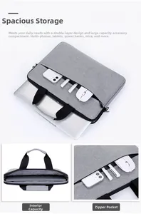 Detail of laptop bag interior with organized pockets for phone, pens, and accessories