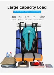 Detail of outdoor hiking backpack with large capacity and equipment attachment system