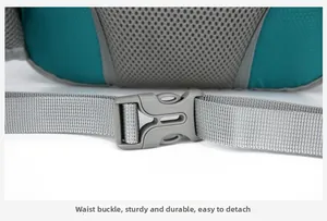 Detail of durable waist buckle on blue outdoor backpack with breathable mesh padding