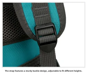 Macro detail of the adjustable nylon shoulder strap and buckle on the outdoor backpack