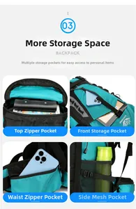 Detail view of multi-compartment storage with top zipper and mesh side pockets on hiking bag