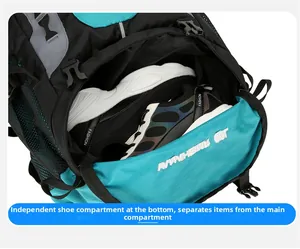 Detail of the professional outdoor backpack featuring an independent bottom shoe compartment