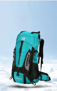 Lightweight 60L hiking backpack in blue showing reinforced straps and side mesh pocket