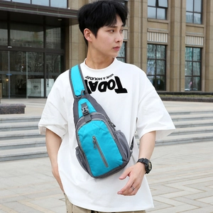 Waterproof nylon crossbody chest bag for outdoor sports in blue and grey color blocking