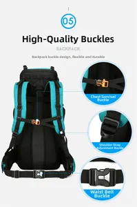 Detail view of the breathable mesh back and survival whistle buckle on outdoor backpack