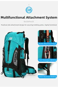 Detailed 60L hiking backpack with high-strength nylon and professional external hanging system