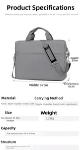 Detailed specs of a gray 15.6 inch laptop bag showing dimensions 37x27x6cm and compartments