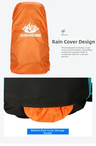 Outdoor hiking backpack detail showing the orange rain cover and bottom storage pocket