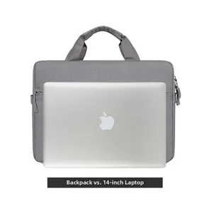 Size comparison between the minimalist gray laptop bag and a 14-inch laptop