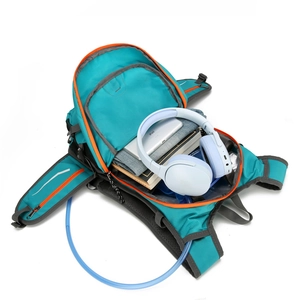 Blue outdoor sports backpack with orange zippers and large internal storage capacity