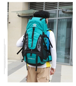 60L outdoor hiking backpack with ergonomic straps and side mesh pocket in blue and black