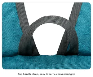Détail d'un sac à dos de plein air bleu avec poignée supérieure en sangle grise renforcée