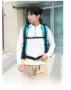 Detail of outdoor hiking backpack with adjustable chest straps and padded waist support