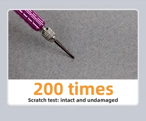 Macro shot showing 200 times scratch resistance test on grey textured laptop bag fabric