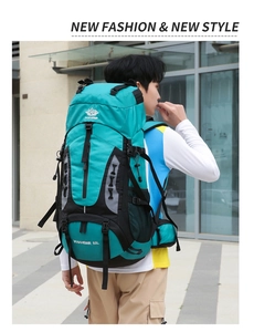 Detailed view of 60L outdoor hiking backpack with side mesh pockets and waist strap
