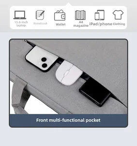 Detail of grey laptop bag showing front pocket storage for 15.6 inch laptop and accessories