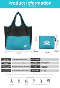 Detail showing foldable travel bag dimensions and waterproof fabric specifications