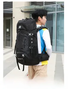 Side view of 60L black hiking backpack with padded straps and waist pockets for trekking