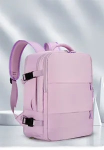 Detail of lavender travel backpack featuring multi-layer zippers and mesh breathable straps
