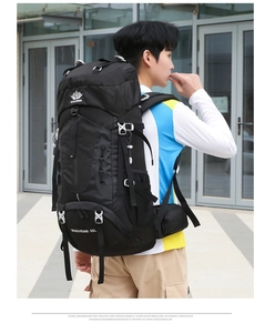 Detail of 60L outdoor hiking backpack with side mesh pocket and white buckle closure