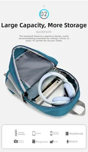 Vue intérieure du sac à dos pliable bleu montrant l'espace pour tablette et écouteurs