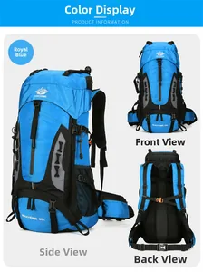 Three-view layout of a 60L royal blue hiking backpack with reinforced back system